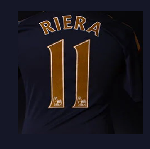 Riera #11 2007-2013 EPL Player Size Premier League gold Nameset UK Liverpool