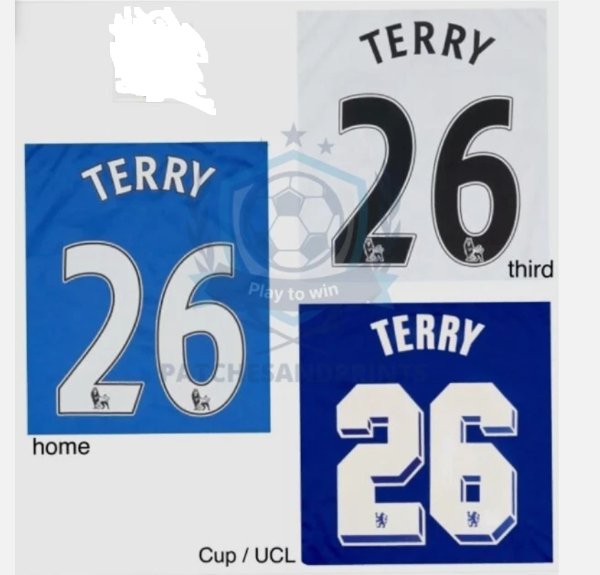 Terry 26 Chelsea 2007-2019 EPL NAME AND NUMBER SET, Home Away CHOOSE one