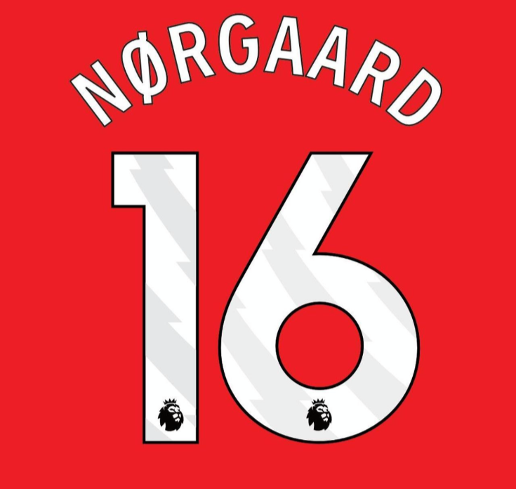 ARSENAL 2025-2026 NORGAARD #16 WHITE PLAYER SIZE NAMESET