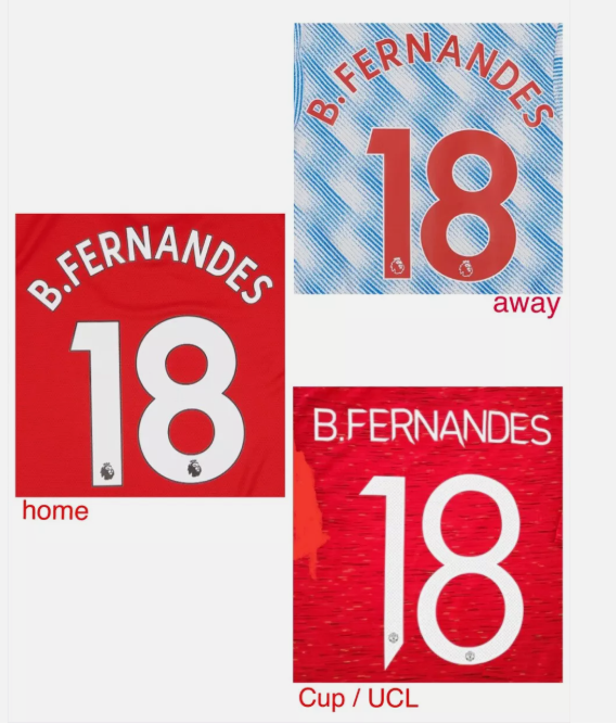 Fernandes 18 2020-2022 EPL NAME AND NUMBER SET, Home Away Manchester united Euro