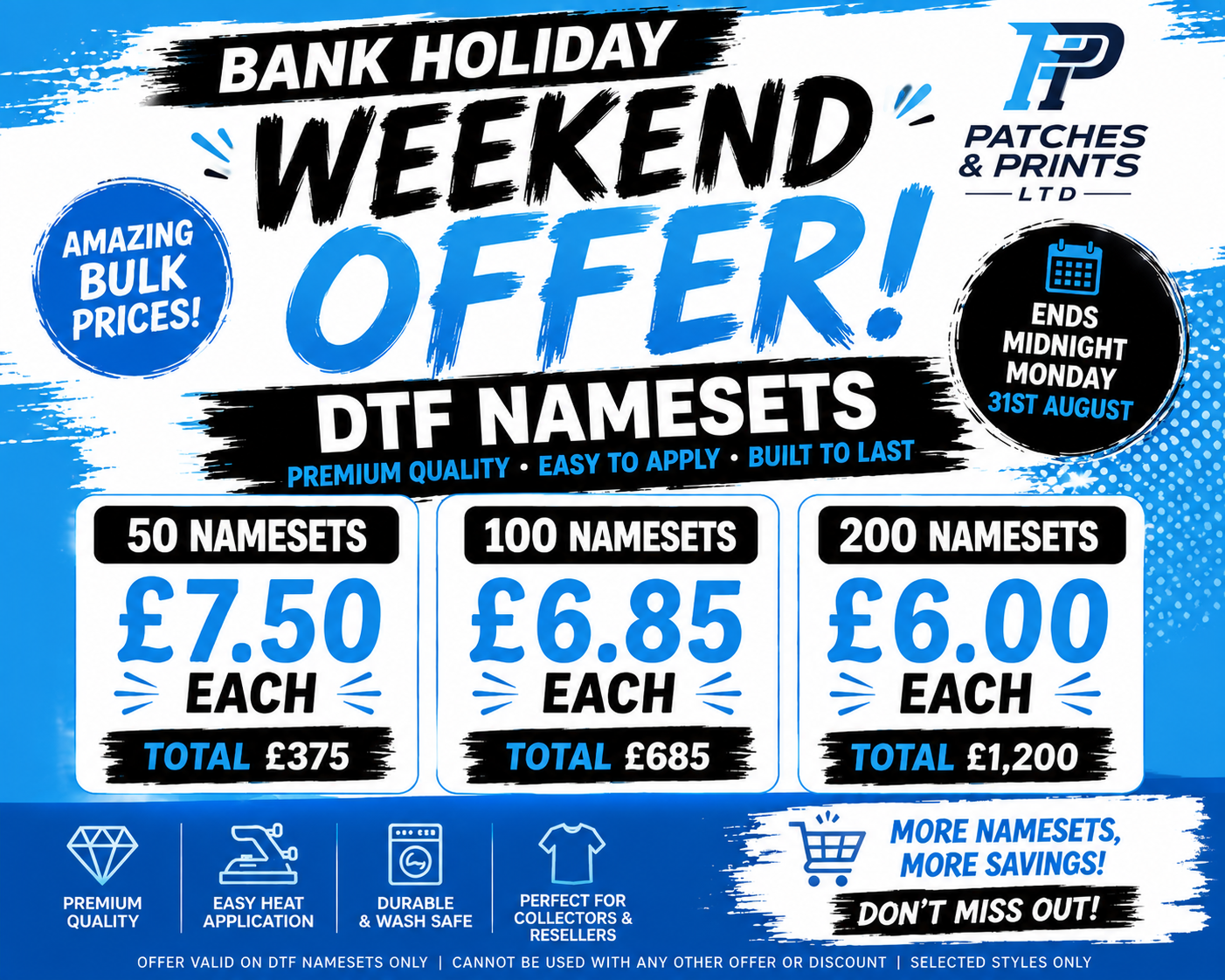 Bulk DTF Nameset Offer – 50, 100 or 200 Namesets for Football Shirts