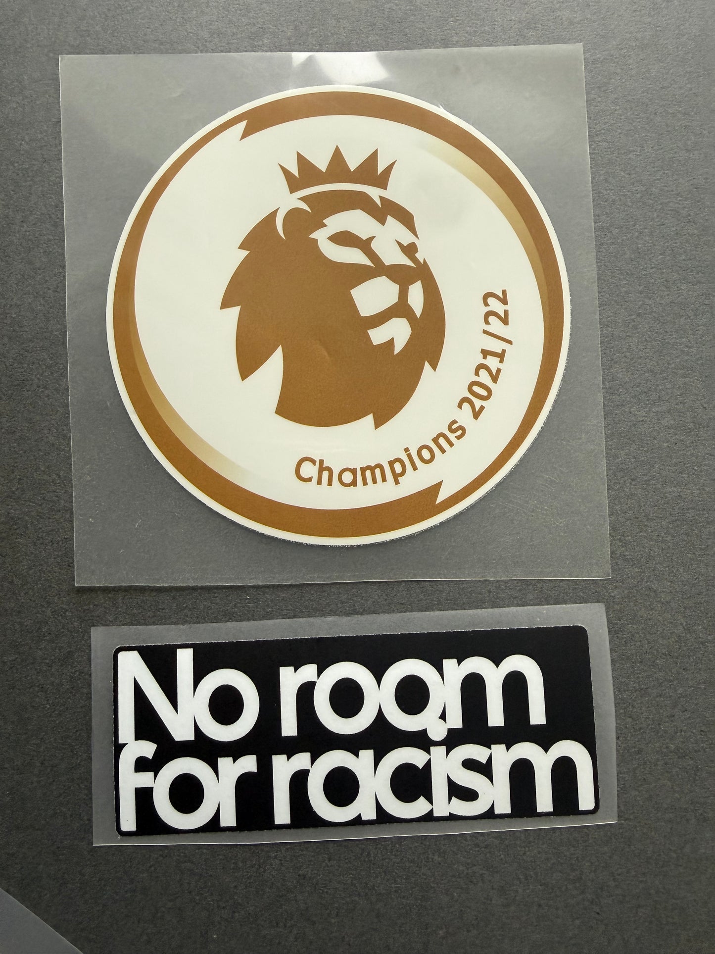 Premier League Champions 2021-2022 and No Room for Racism sleeve patch set for football shirt