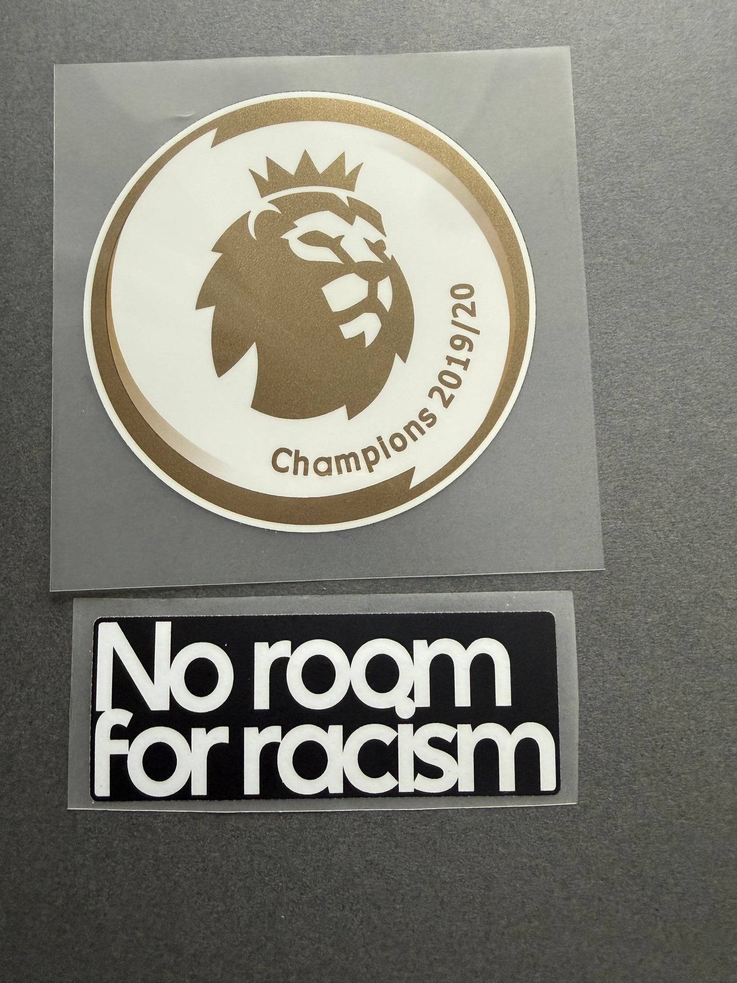 Premier League Champions 2019-2020 and No Room for Racism sleeve patch set for football shirt